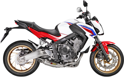 AKRAPOVIC titanium race exhaust S-H6R12-HAFT for motorcycles, showcasing sleek, high-performance exhaust system in metallic finish.