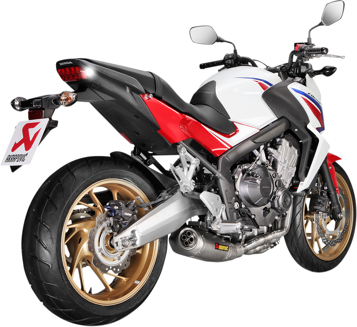 AKRAPOVIC titanium race exhaust S-H6R12-HAFT for motorcycle performance, showing the sleek, lightweight exhaust pipe with branding details.