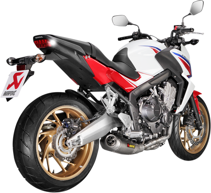 AKRAPOVIC titanium race exhaust S-H6R12-HAFT for motorcycle performance, showing the sleek, lightweight exhaust pipe with branding details.