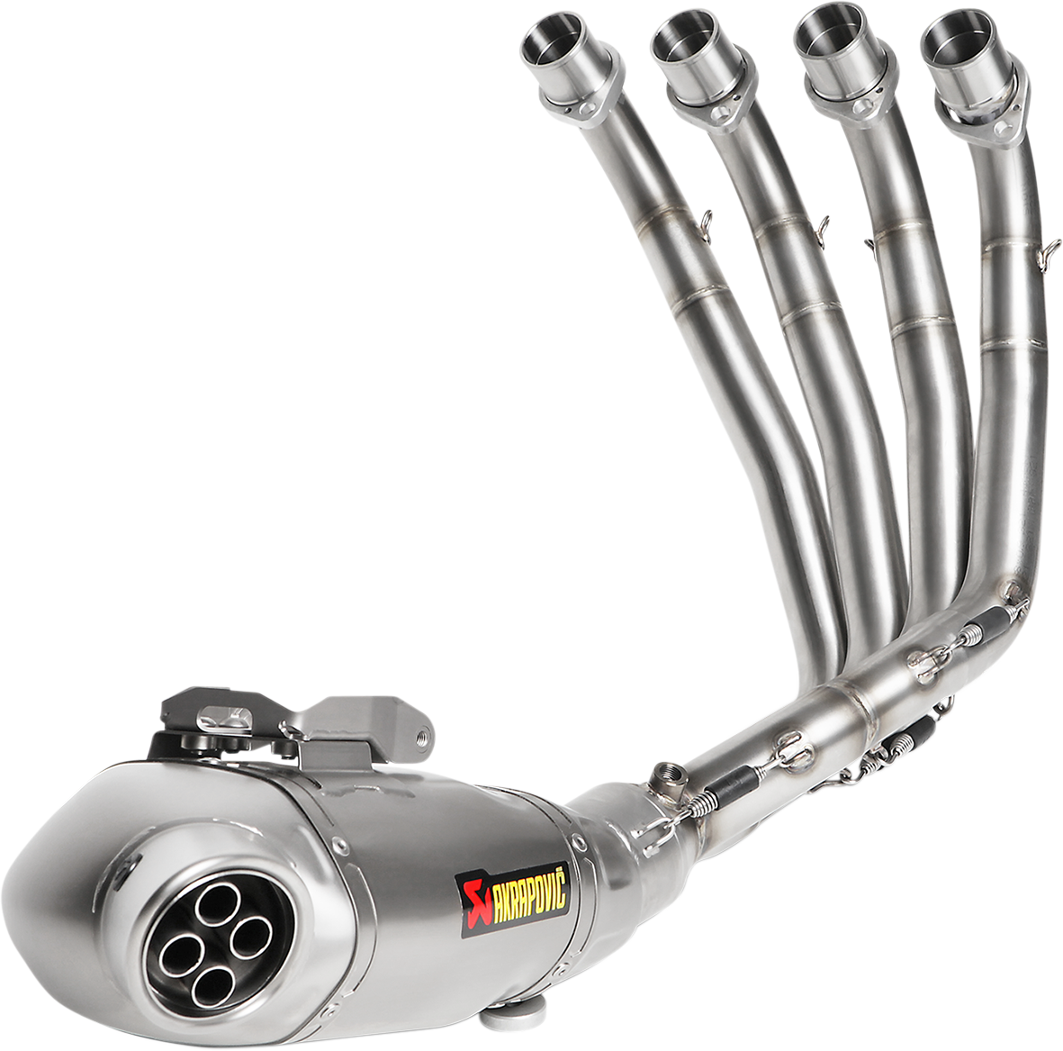 AKRAPOVIC titanium race exhaust for motorcycles, sleek design with polished finish, enhances performance and sound.