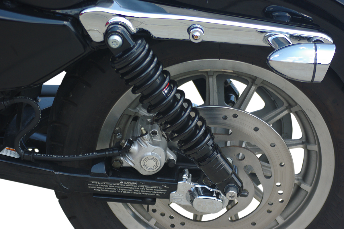Black Drag Specialties C16-0154AB premium ride-height adjustable shocks, 13-inch motorcycle shocks with mounting hardware.