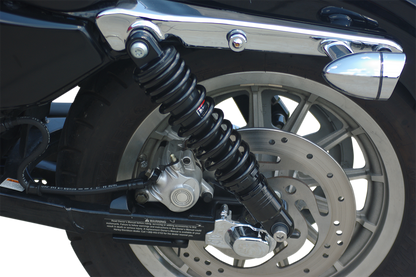 Black Drag Specialties C16-0154AB premium ride-height adjustable shocks, 13-inch motorcycle shocks with mounting hardware.
