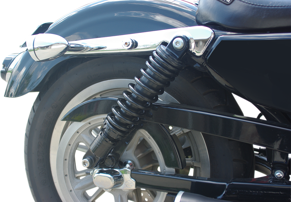 Black Drag Specialties C16-0154AB premium ride-height adjustable shocks, 13-inch motorcycle shocks with mounting hardware.