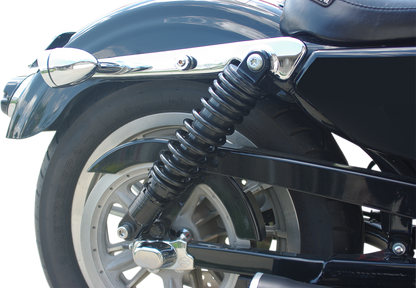 Black Drag Specialties C16-0154AB premium ride-height adjustable shocks, 13-inch motorcycle shocks with mounting hardware.