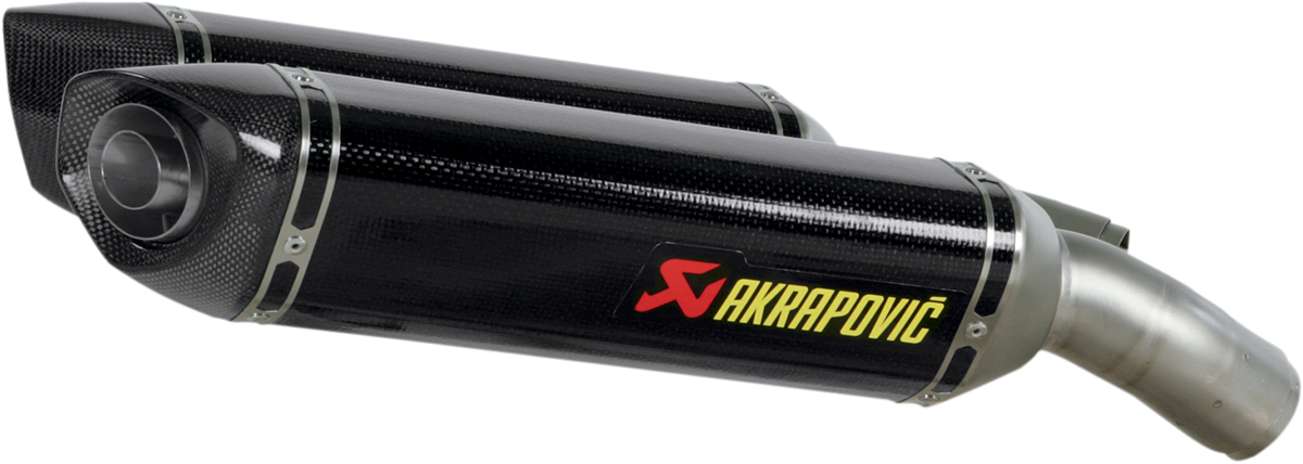 AKRAPOVIC carbon fiber motorcycle muffler S-D10SO3-ZC with sleek black finish and compact design, enhancing motorcycle performance.