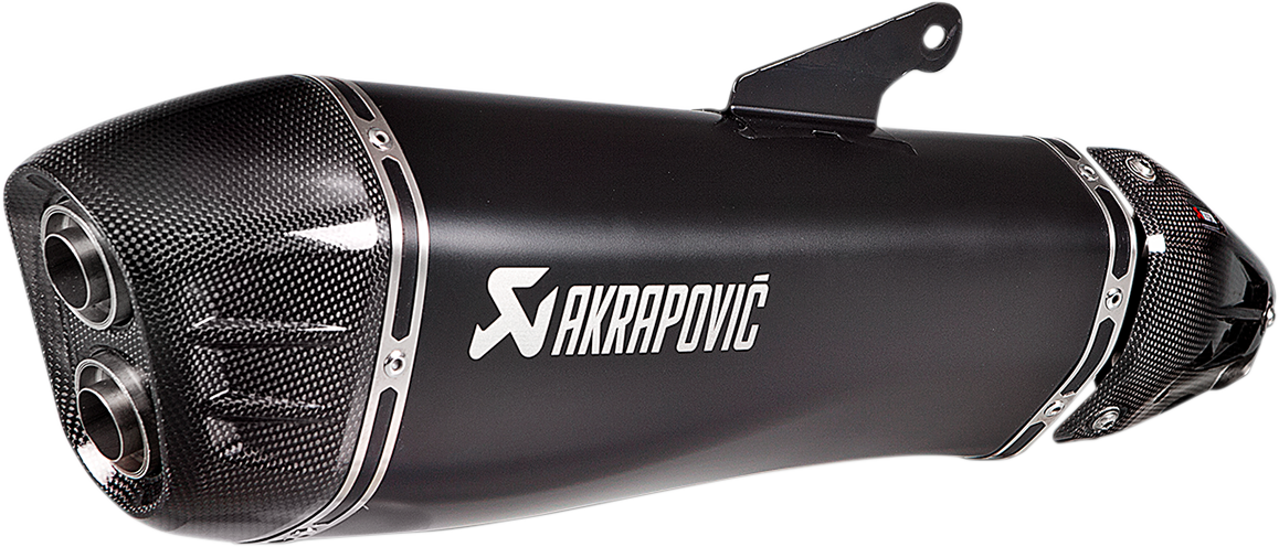 AKRAPOVIC black titanium muffler for Ninja H2 SX motorcycle, showcasing sleek exhaust design and branding detail