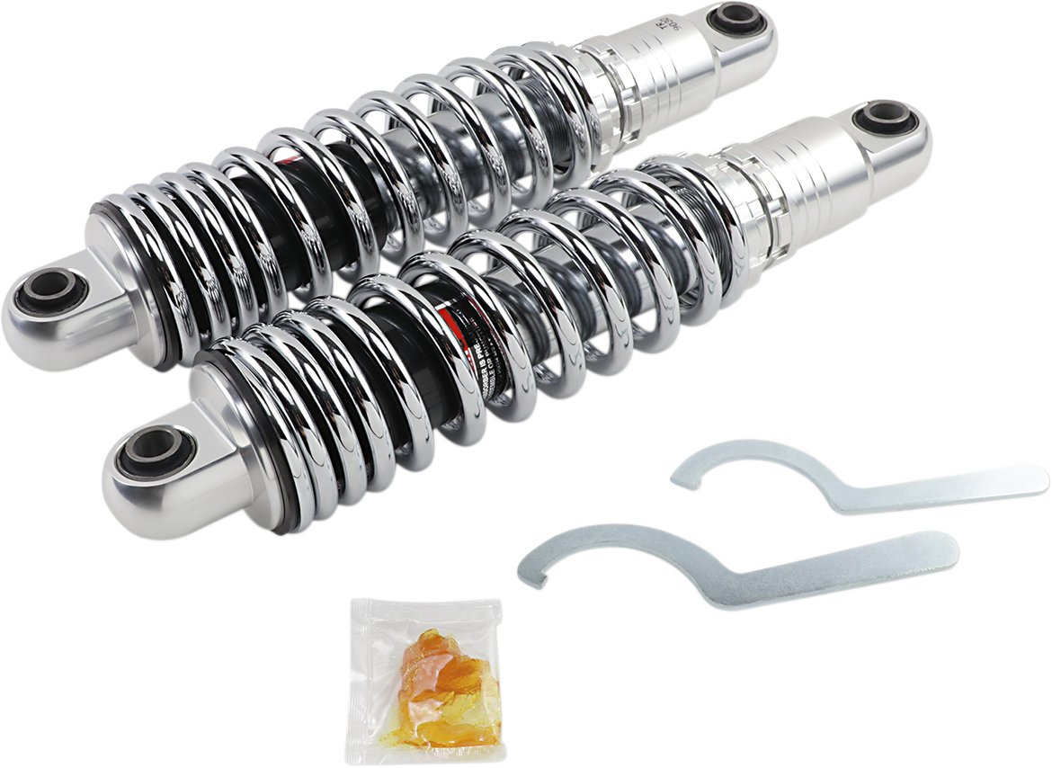 Chrome DRAG SPECIALTIES SHOCKS, premium ride-height adjustable 13-inch heavy-duty shocks for motorcycles.