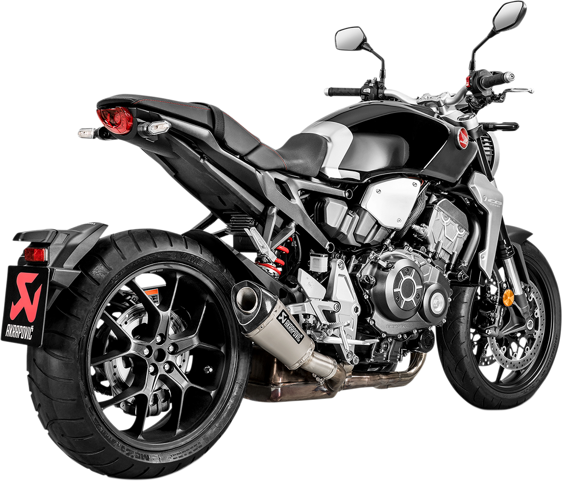AKRAPOVIC titanium muffler for Honda CB1000R motorcycle, showing sleek exhaust design and branding on the part.