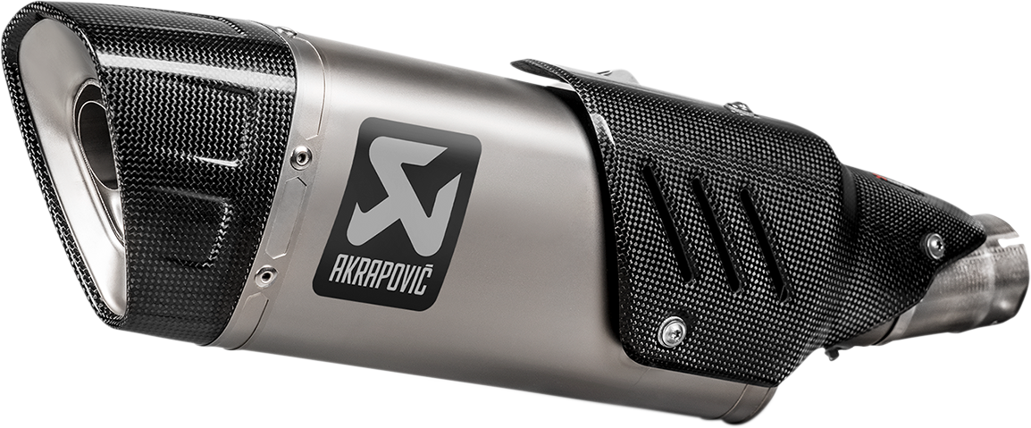 AKRAPOVIC titanium muffler for Honda CB1000R motorcycle, featuring sleek metallic finish and branding.