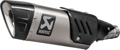 AKRAPOVIC titanium muffler for Honda CB1000R motorcycle, featuring sleek metallic finish and branding.