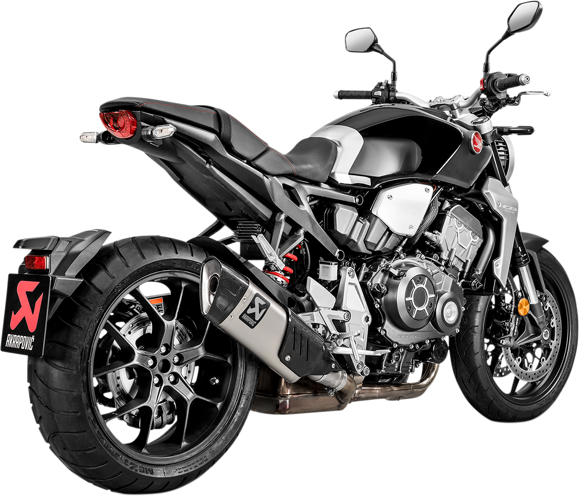 AKRAPOVIC Titanium muffler for Honda CB1000R, showing sleek exhaust with branding details and polished titanium finish.