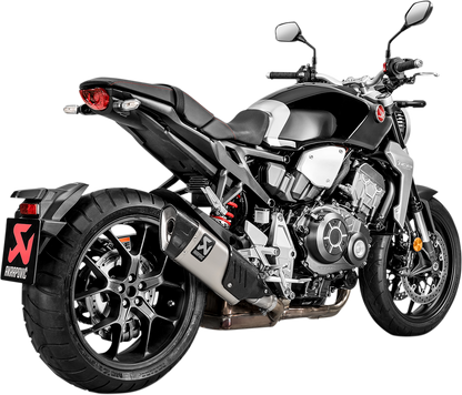 AKRAPOVIC Titanium muffler for Honda CB1000R, showing sleek exhaust with branding details and polished titanium finish.