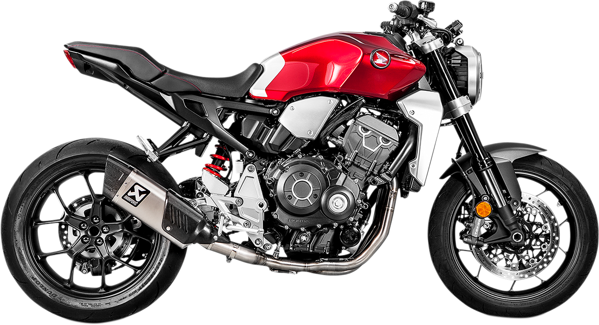 Akrapovic titanium muffler for Honda CB1000R motorcycle, showcasing sleek exhaust design and brand logo on the titanium surface.