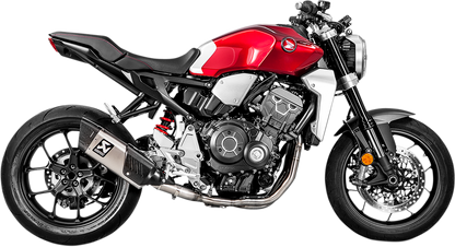 Akrapovic titanium muffler for Honda CB1000R motorcycle, showcasing sleek exhaust design and brand logo on the titanium surface.