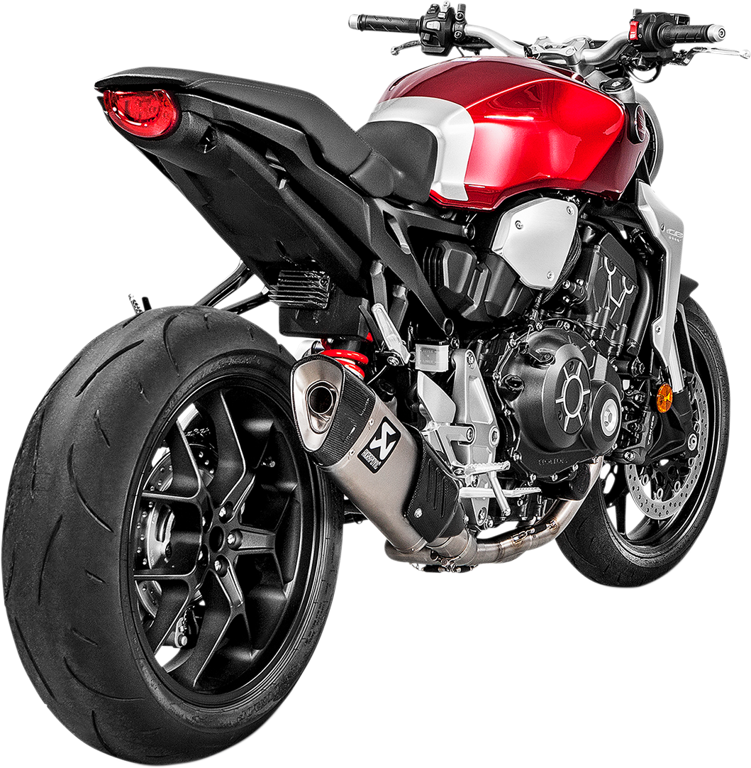 Akrapovic titanium muffler for Honda CB1000R motorcycle, showcasing sleek metallic design and branding detail.