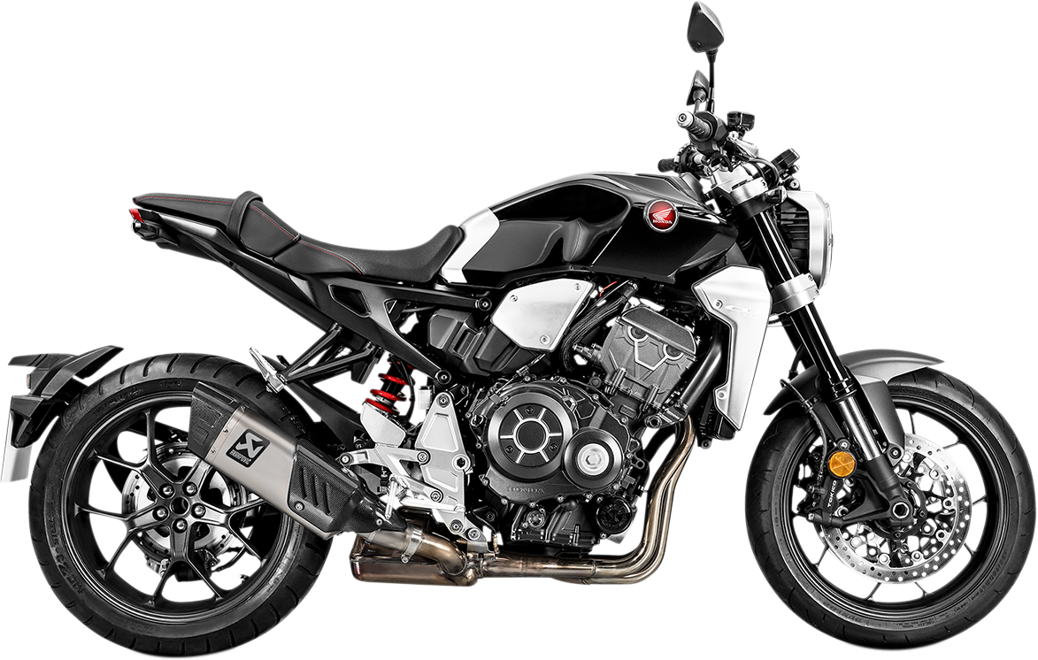 Akrapovic titanium muffler installed on a Honda CB1000R motorcycle, showcasing a sleek, lightweight exhaust upgrade.