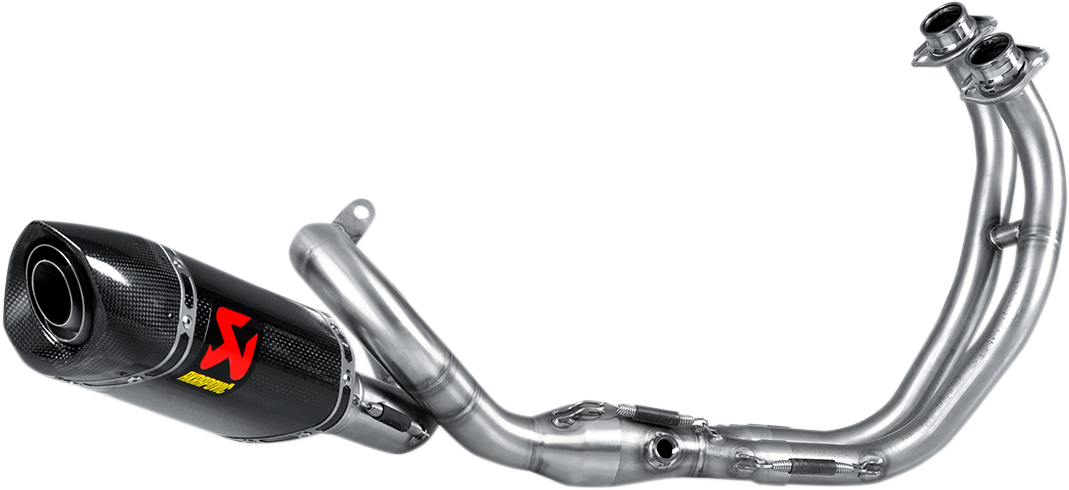AKRAPOVIC stainless steel and carbon fiber race exhaust for motorcycles, featuring sleek design and high-performance exhaust system.