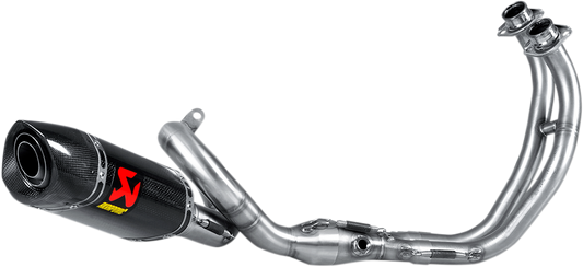 AKRAPOVIC stainless steel and carbon fiber race exhaust for motorcycles, featuring sleek design and high-performance exhaust system.
