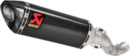 AKRAPOVIC carbon fiber slip-on muffler for Aprilia RSV4 and Tuono motorcycles, featuring sleek, lightweight design and branding.