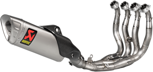 AKRAPOVIC Evolution titanium exhaust system for Yamaha YZF-R1 motorcycle, featuring sleek metal finish and detailed construction.