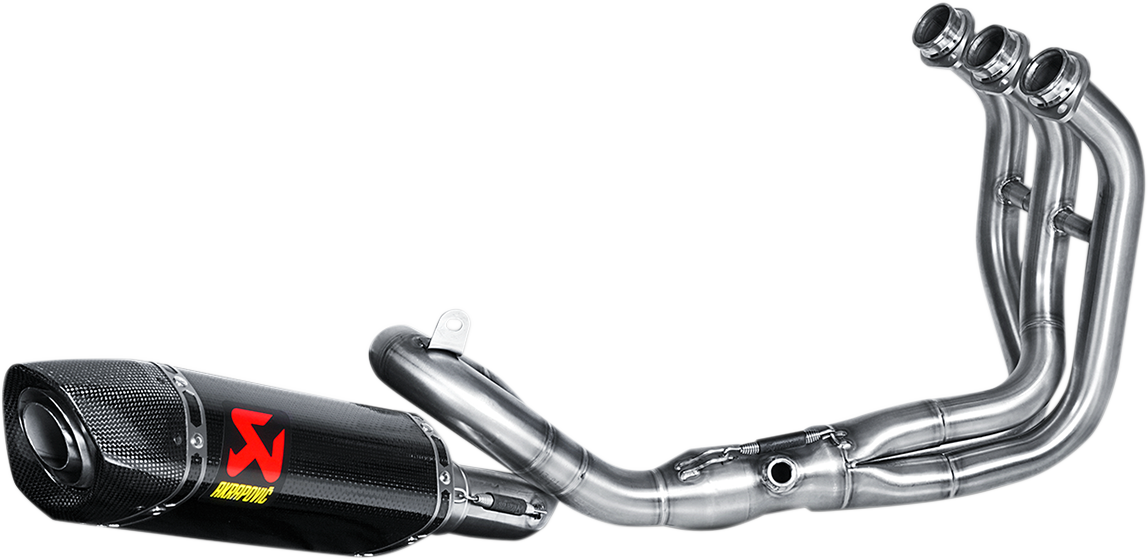 AKRAPOVIC stainless steel and carbon fiber race exhaust for motorcycles, featuring sleek design and high-performance craftsmanship.