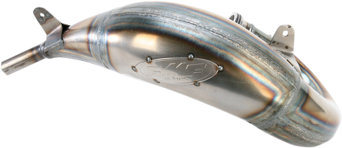 FMF Factory Fatty Pipe 025121 performance exhaust showing polished metal finish and mounting details for enhanced motorcycle power