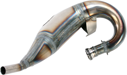 FMF Factory Fatty Pipe 025121 performance exhaust showing its sleek metal design and connection points for enhanced motorcycle power.