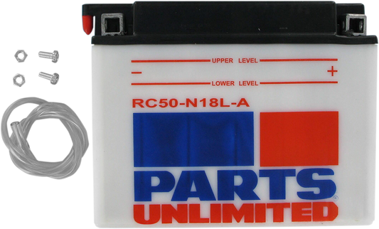 Heavy-duty motorcycle batteries by PARTS UNLIMITED, model Y50-N18L-A and C50-N18L-A, showing the batteries with labels and terminals.