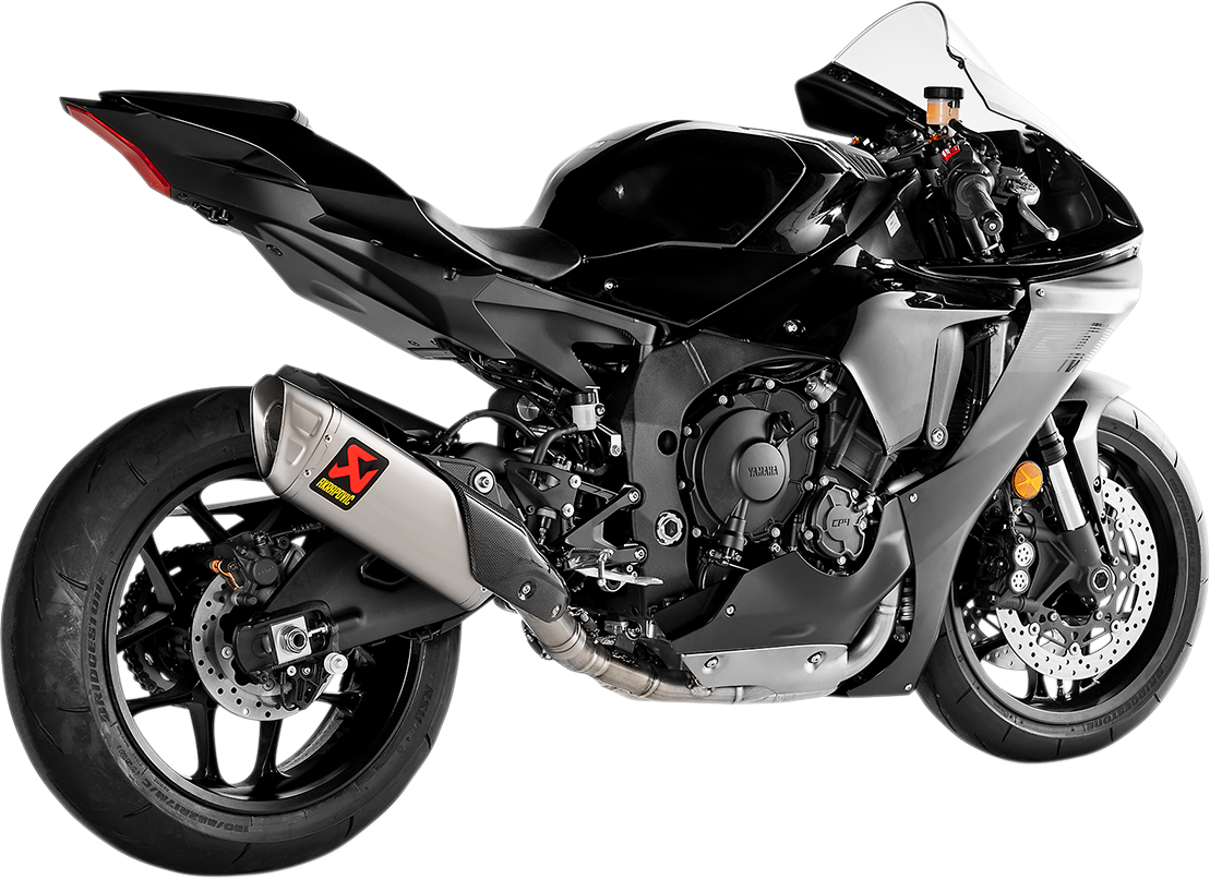 AKRAPOVIC stainless steel race exhaust for Yamaha Y10 R15 motorcycle, featuring sleek design and high-performance construction.