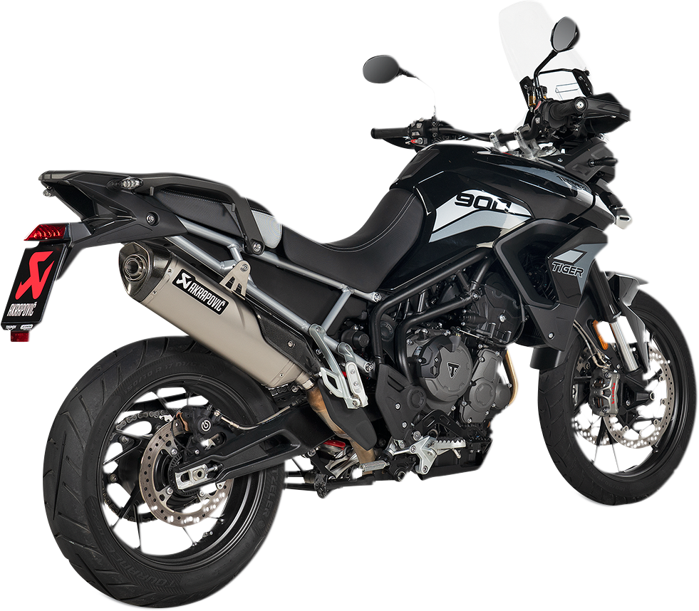 AKRAPOVIC Titanium muffler S-T9SO3-HRT for enhanced exhaust performance, showing sleek silver titanium design and branding details.