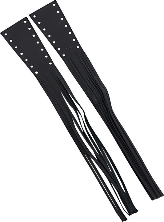 Leather fringed lever covers for cruiser motorcycle seats by Drag Specialties, shown in black with detailed fringe design.