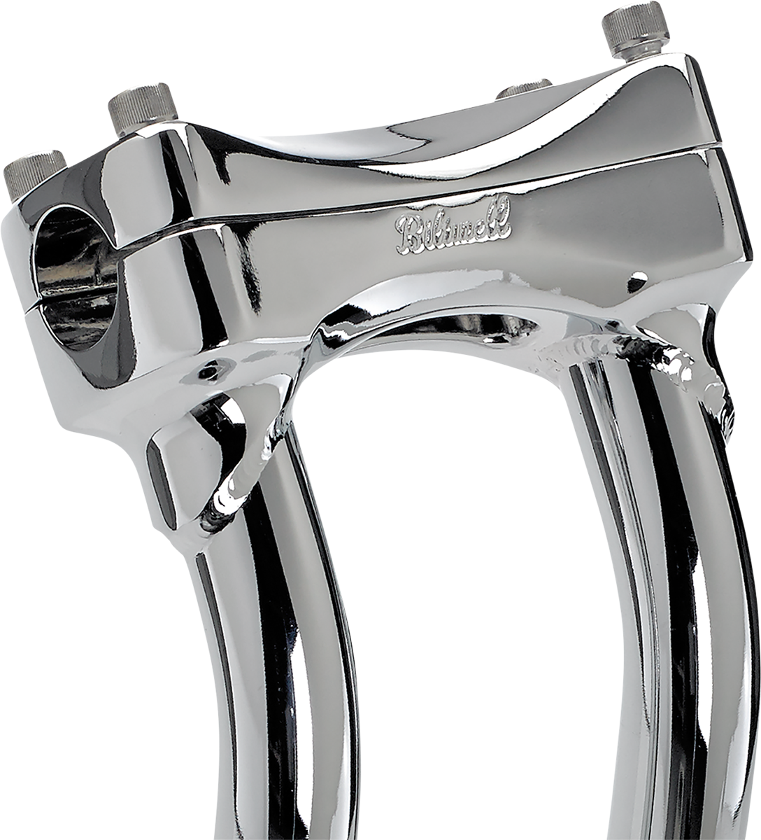 Chrome BILTWELL Risers Murdock Oversized 12-inch pullback handlebars for motorcycles, with distinct design and polished finish.