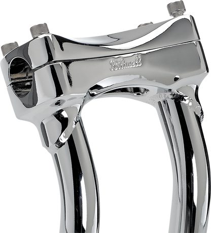 Chrome BILTWELL Risers Murdock Oversized 12-inch pullback handlebars for motorcycles, with distinct design and polished finish.