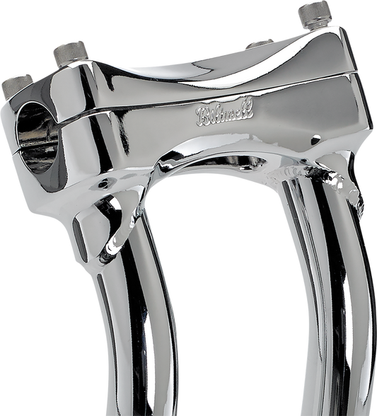Chrome BILTWELL Risers Murdock Oversized 12-inch pullback handlebars for motorcycles, with distinct design and polished finish.