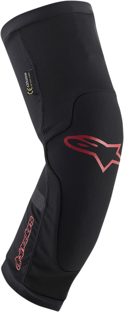 Alpinestars Paragon Plus knee guards in black and red, 2XL size, protective gear for motorcycle riding, featuring padded design and straps.