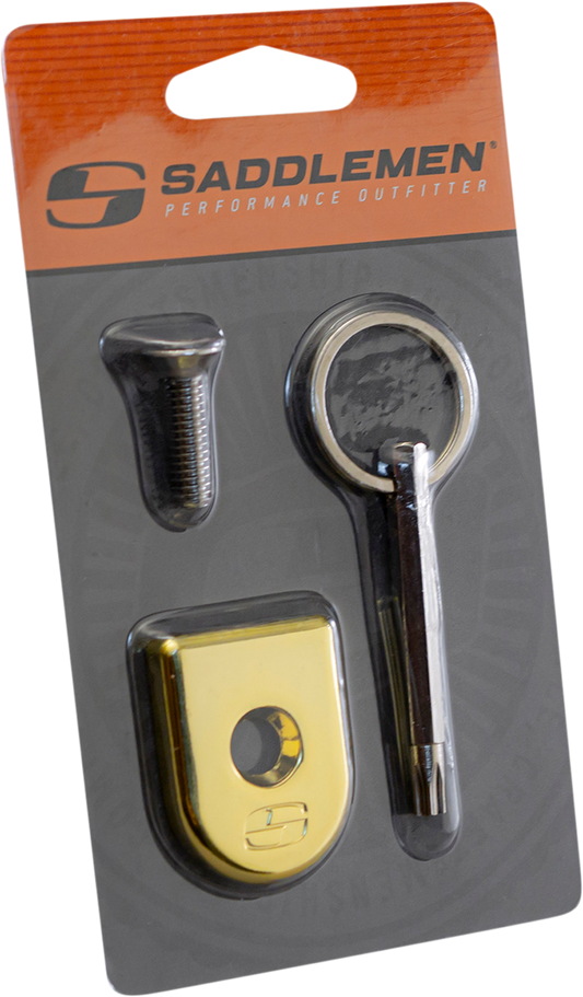 Golden SADDLEMEN Security Seat Screw for motorcycle seats by Bill's Exhausts, shown in close-up view.