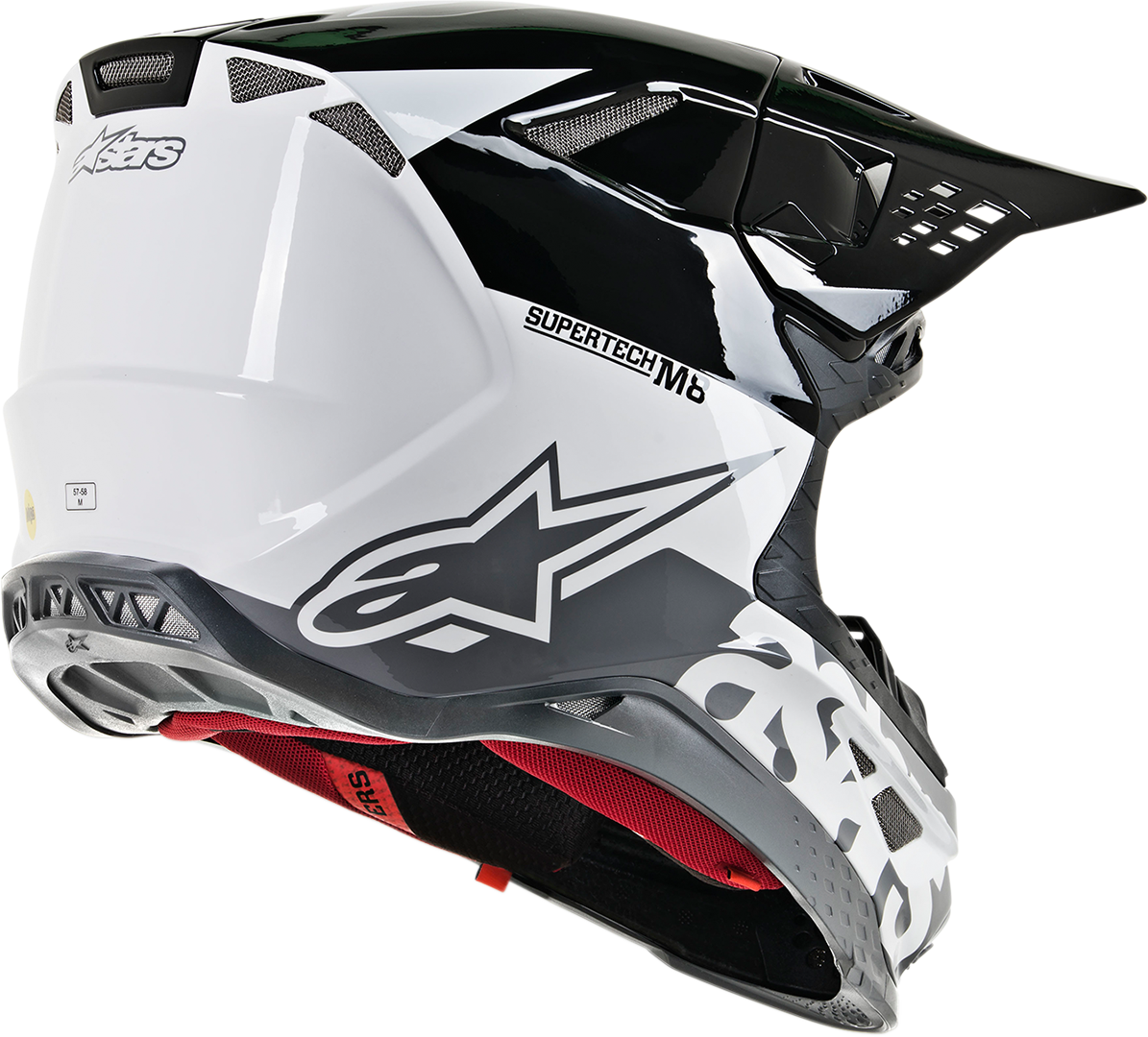 Alpinestars Supertech M8 helmet in white, black, and gray gloss finish with MIPS, 2XL size, side view showing helmet design