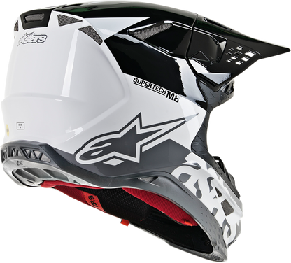 Alpinestars Supertech M8 helmet in white, black, and gray gloss finish with MIPS, 2XL size, side view showing helmet design
