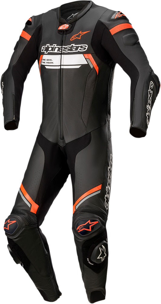Alpinestars Missile Ignition v2 one-piece leather motorcycle suit in black and red fluorescent, US 48 / EU 58, display of suit details.