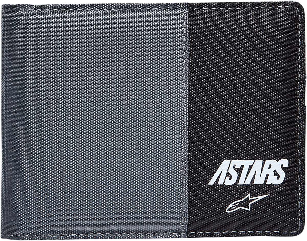 Alpinestars MX gray and black wallet with multiple card slots and bill compartment, designed for motorcycle enthusiasts.