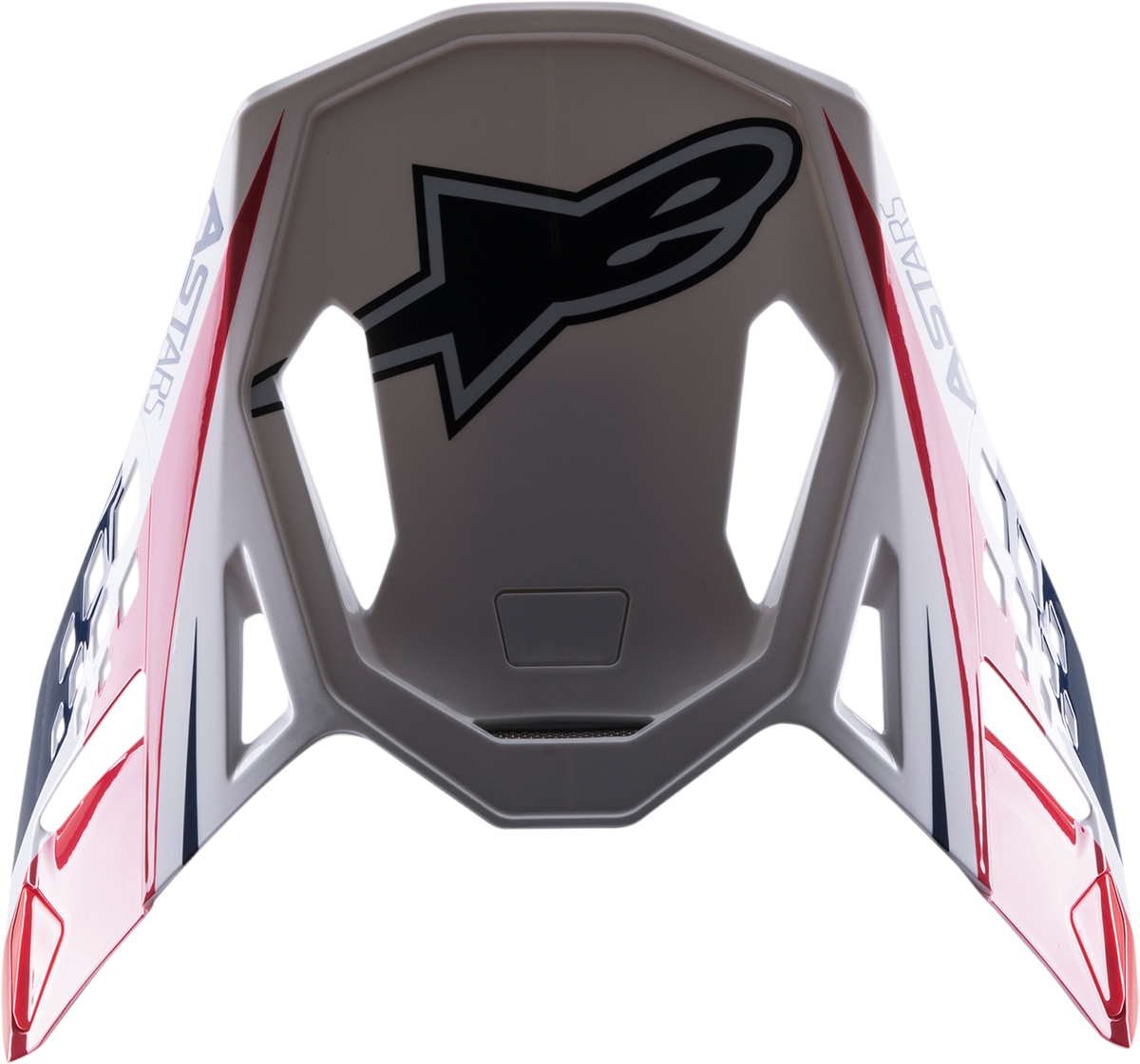 Alpinestars Supertech M10 helmet visor in gloss white, red, and blue with clear viewing area for motorcycle racing helmets.