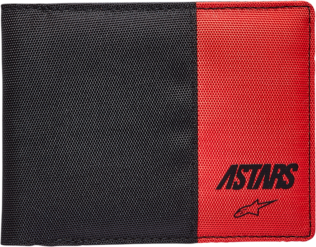 Alpinestars MX black and red wallet with bill's exhausts branding, featuring multiple card slots and a secure cash compartment.