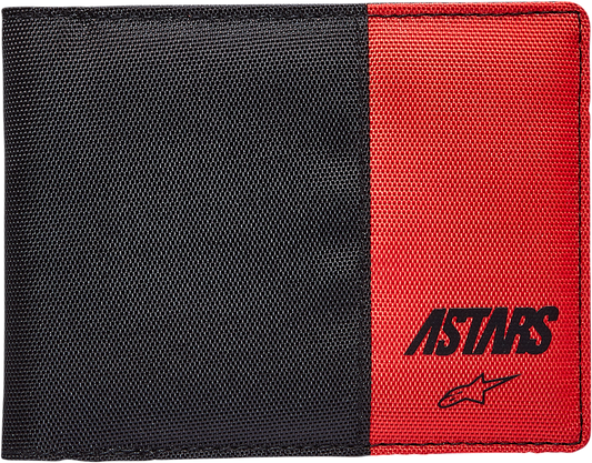 Alpinestars MX black and red wallet with bill's exhausts branding, featuring multiple card slots and a secure cash compartment.