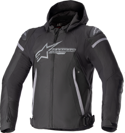 Black and gray Alpinstars Zaca waterproof jacket in XL size, featuring a sleek design and waterproof fabric for outdoor protection.