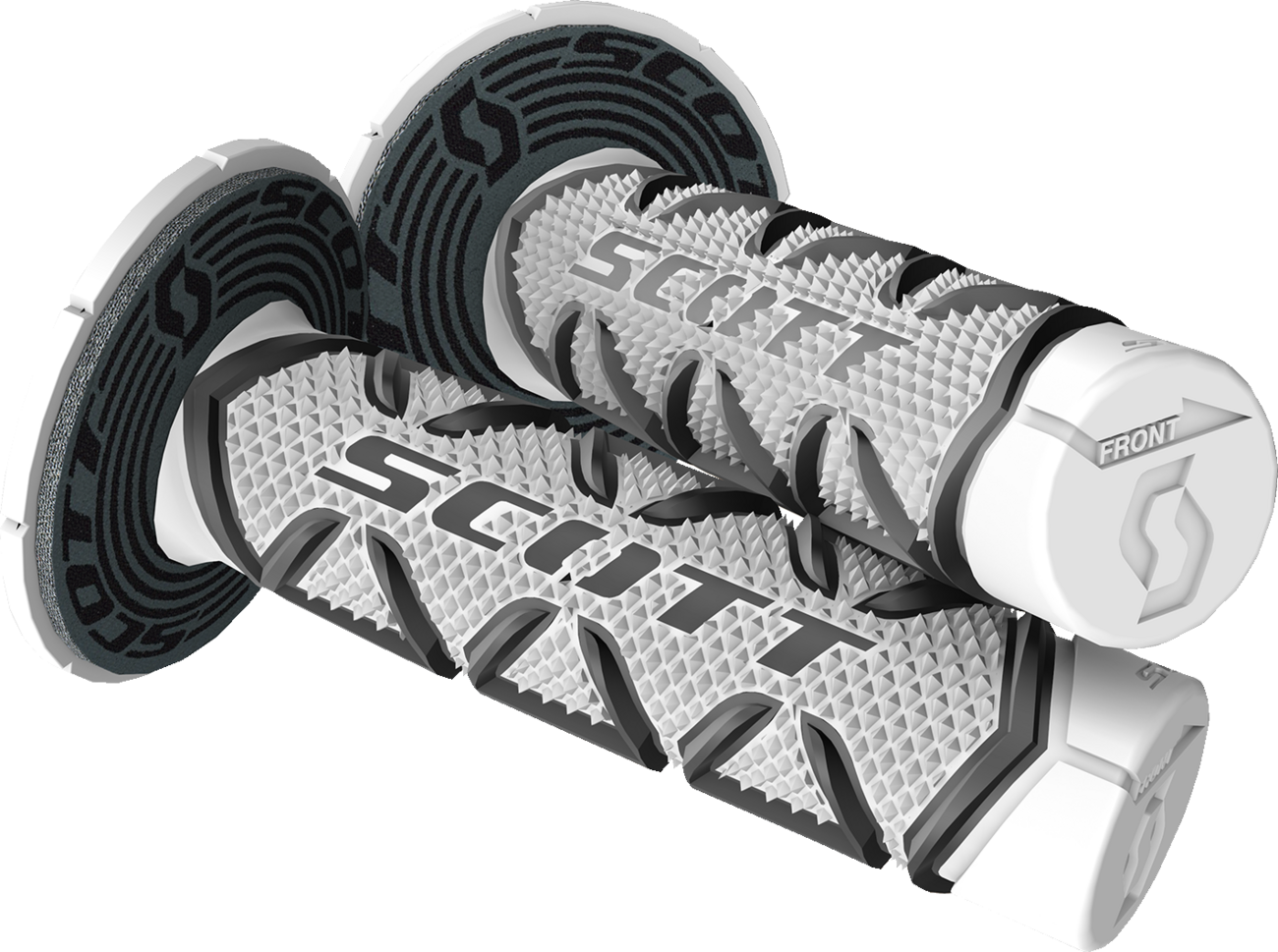 Scott Diamond black and white motorcycle grips from Bill's Exhausts, featuring textured rubber for a secure hold.