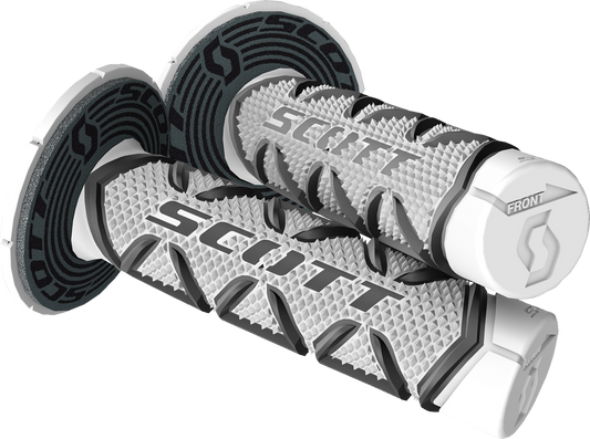 Scott Diamond black and white motorcycle grips from Bill's Exhausts, featuring textured rubber for a secure hold.