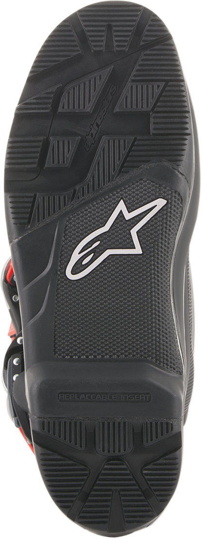 Alpinestars Tech 7 Enduro motorcycle boots in black and gray, US size 14, with rugged design and protective features