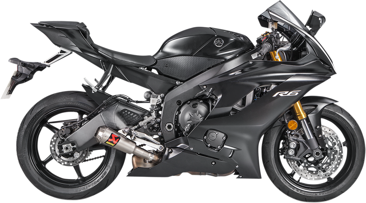 AKRAPOVIC Slip-On Line titanium muffler for Yamaha YZF-R6 motorcycle, featuring sleek metallic finish and branded logo.
