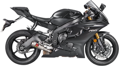 AKRAPOVIC Slip-On Line titanium muffler for Yamaha YZF-R6 motorcycle, featuring sleek metallic finish and branded logo.