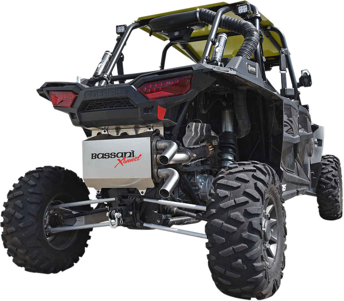 Stainless steel BASSANI XHAUST muffler for RZR XP 1000 Turbo, part 6R1017T, shown in the image.